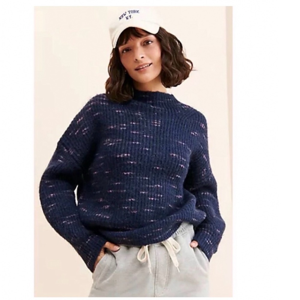 Varley‎ Albion Knit Sweater Dalmatian Navy Blue Pink Speckled Wool Blend Large